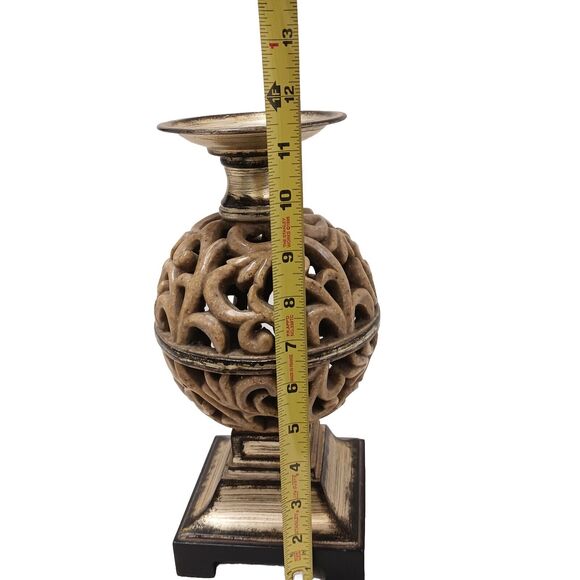 Ornate Candle Holder 12" Art Deco Faux Alabaster Cut Out Globe Morrocan Boho VNT - Picture 8 of 10
